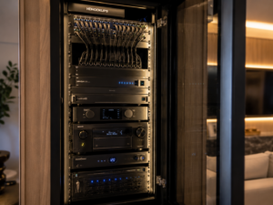 Organized AV rack with receivers, network gear, and smart home equipment