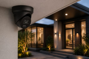 Black IP security camera installed for HD Hookups surveillance systems