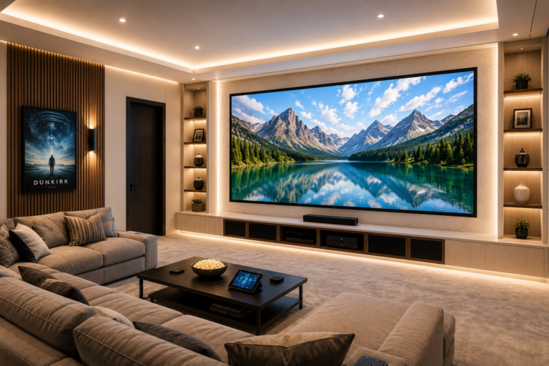 Luxury home theater installation with large display, soundbar, and surround sound