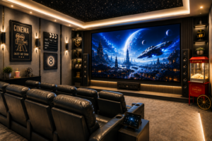 Luxury home theater installation in San Diego with cinematic screen and surround sound