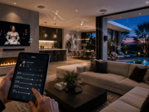 Multi-room audio system with speakers for whole-home music control