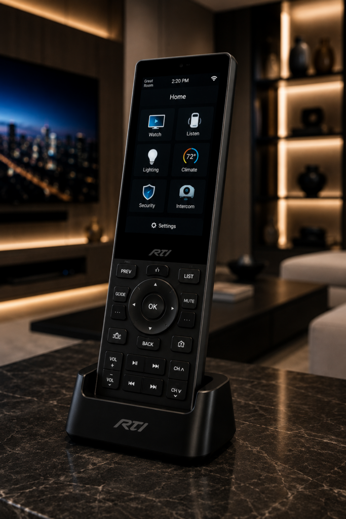 RTI smart home control for living room audio, video, lighting, and automation