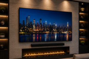 Professional wall mounted TV installation with clean cable management by HD Hookups