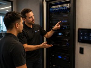 Technician configuring AV rack and smart home equipment