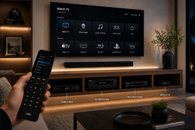 Universal remote control for home theater, TV, audio, and smart home systems