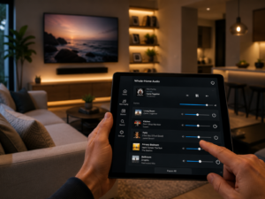 Whole-home audio system with in-ceiling speakers and Sonos control